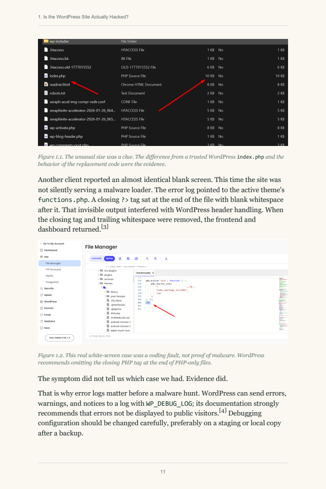Book page showing browser evidence used to diagnose a compromised WordPress site