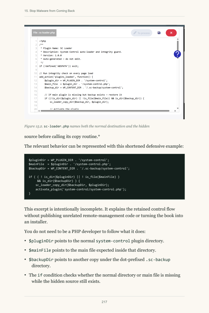 Book page explaining a self-restoring WordPress backdoor